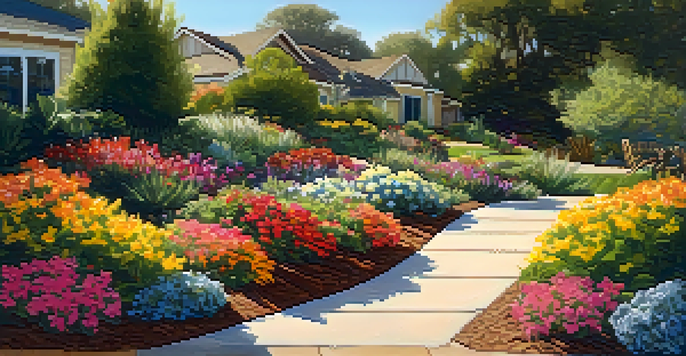 A landscaped garden with organic mulch and colorful flowers in sunlight.