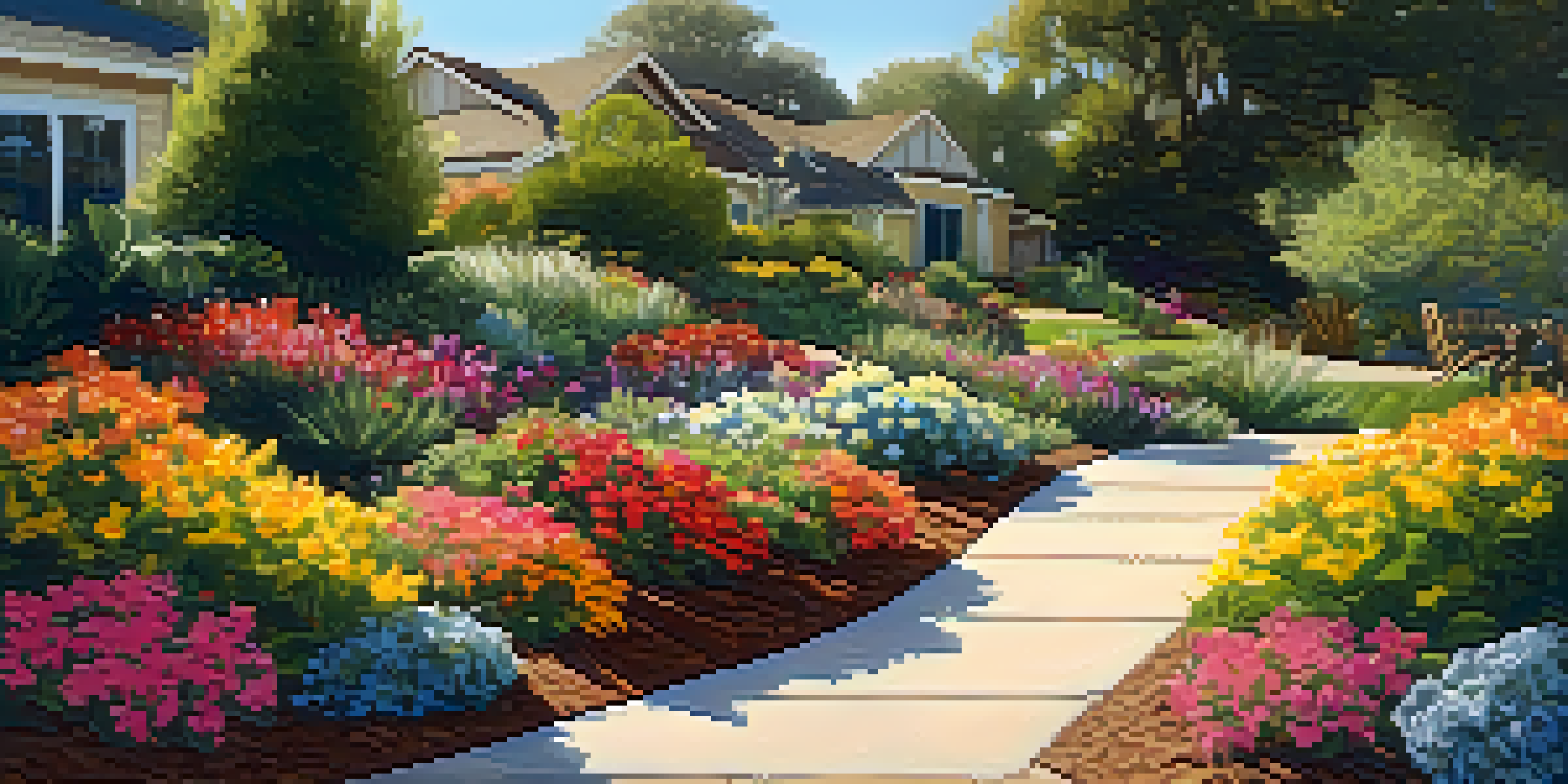 A landscaped garden with organic mulch and colorful flowers in sunlight.