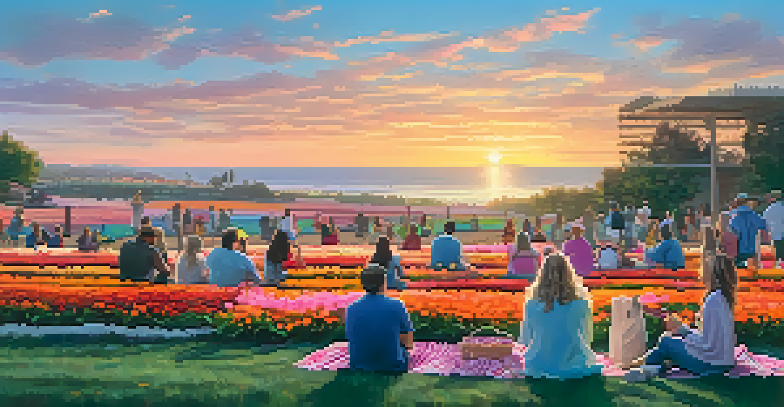 The Flower Fields in Carlsbad during sunset, featuring blooming flowers and a crowd enjoying a live music concert.