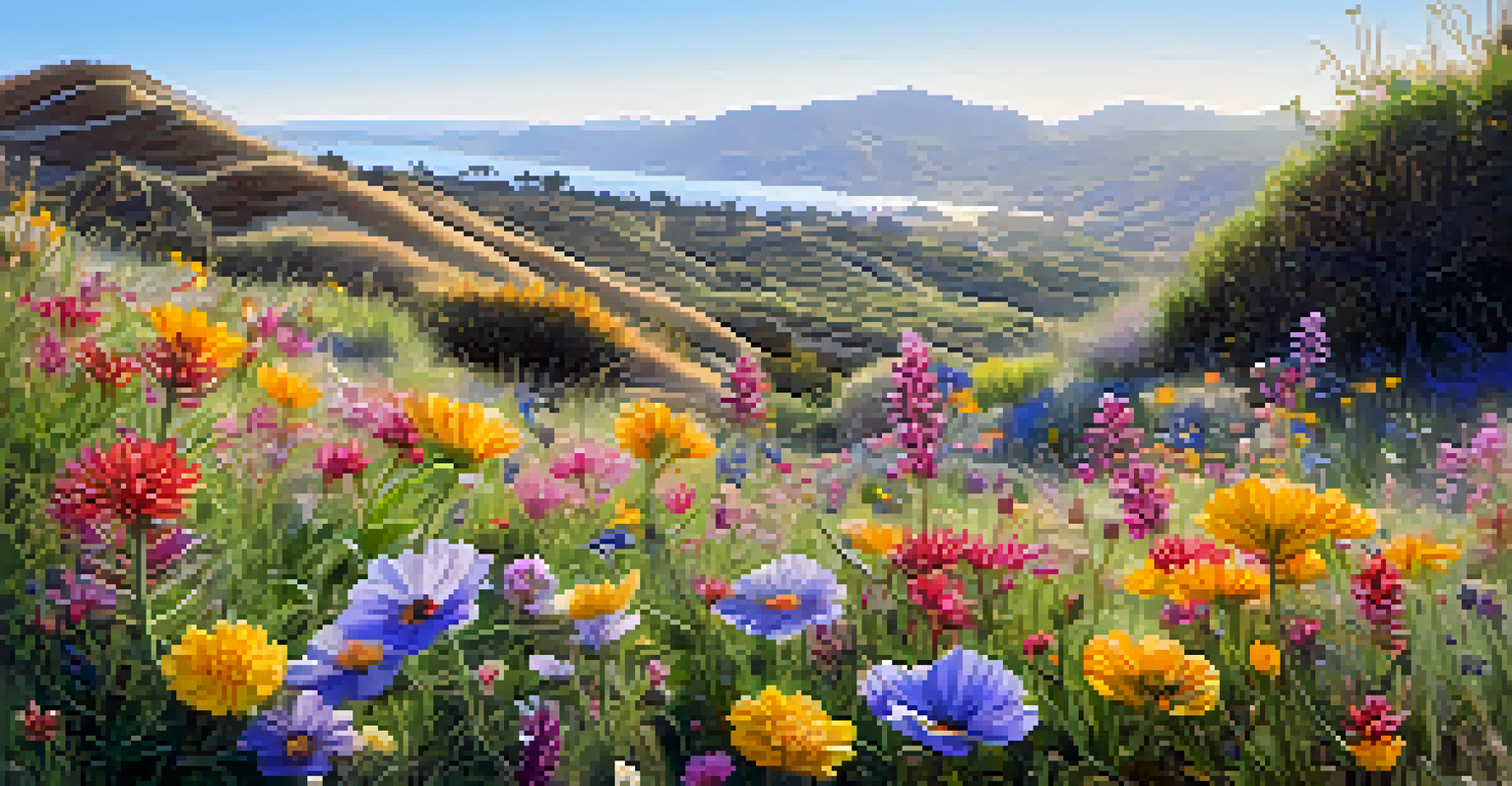 A close-up of a native California wildflower garden, showcasing colorful blooms and pollinators.