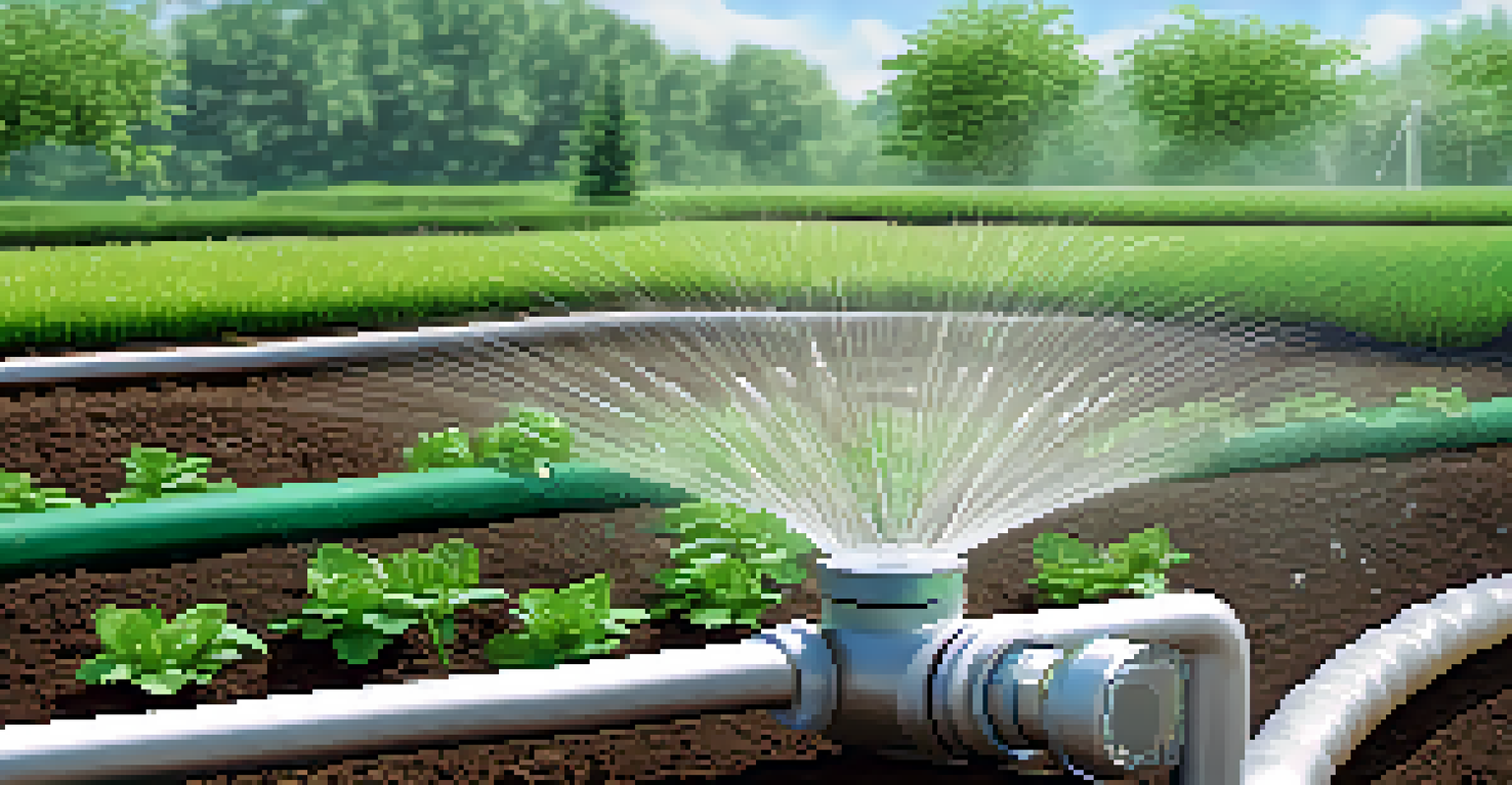 A smart irrigation system adjusting watering schedules, with sensors and lush plants in the background.