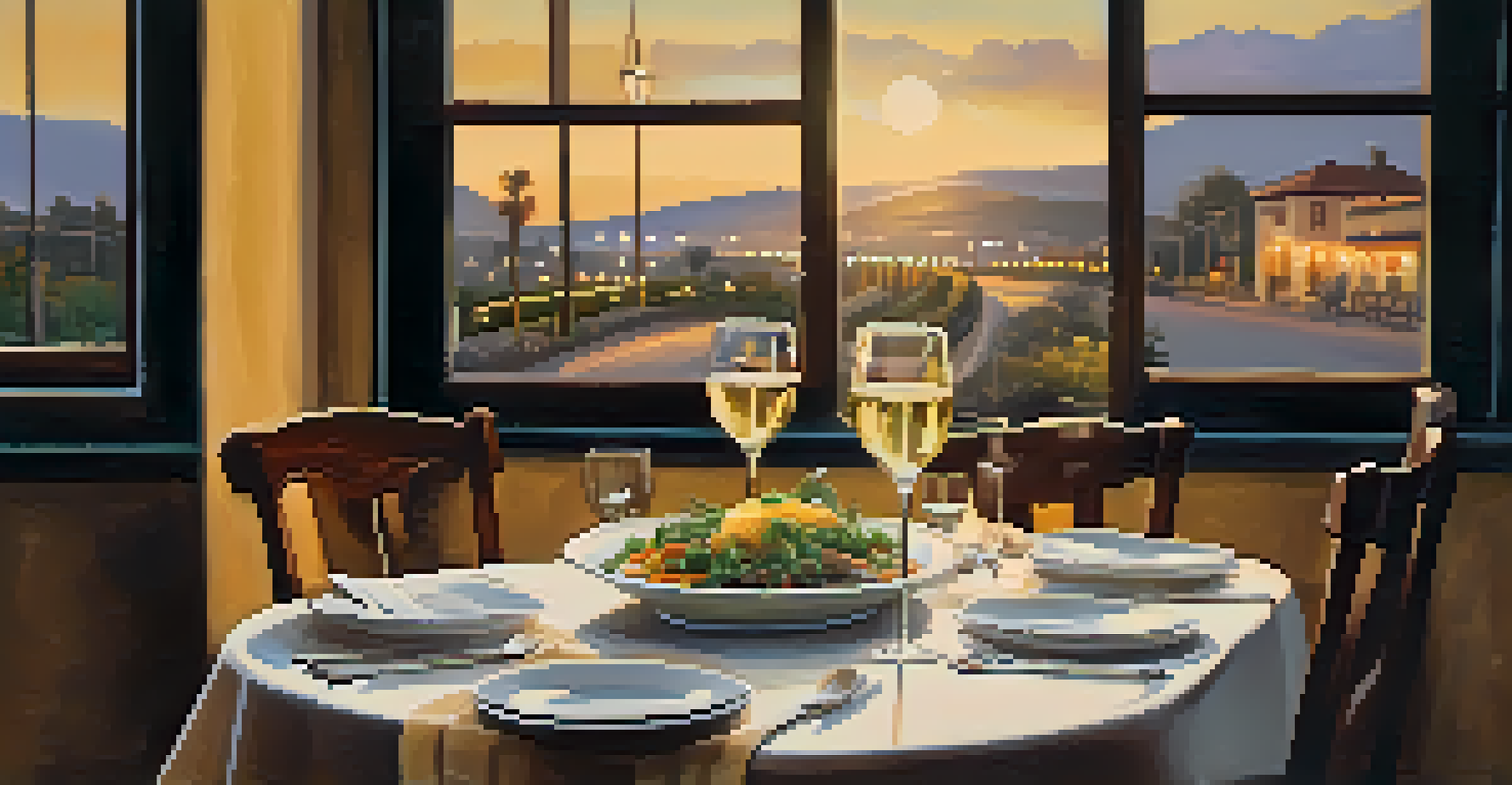 A dining table with a gourmet meal and a glass of white wine, surrounded by soft candlelight in a cozy bistro.