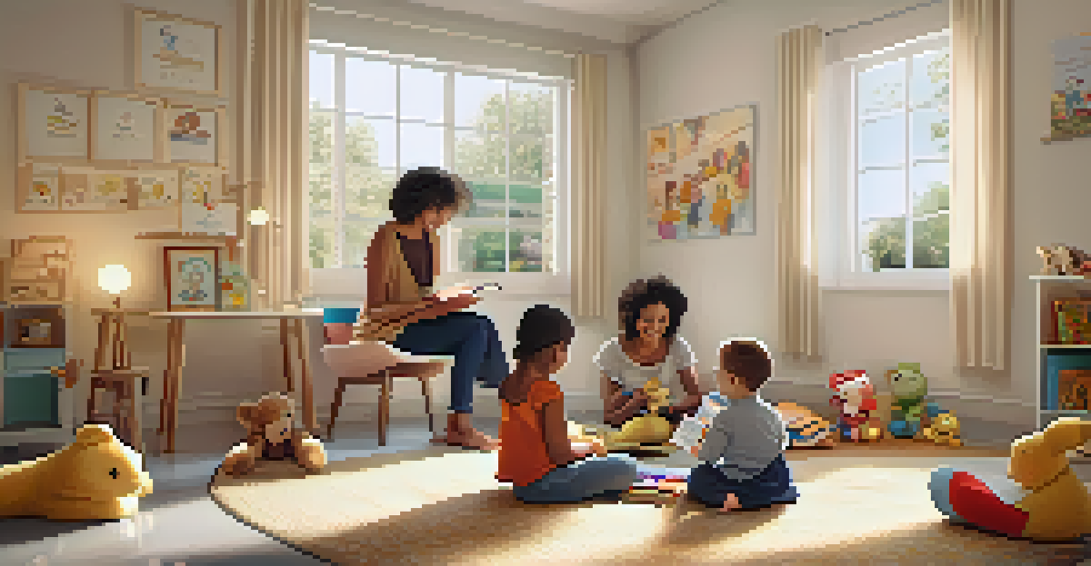 A caregiver reading to children in a warm, home-like environment filled with toys and sunlight.