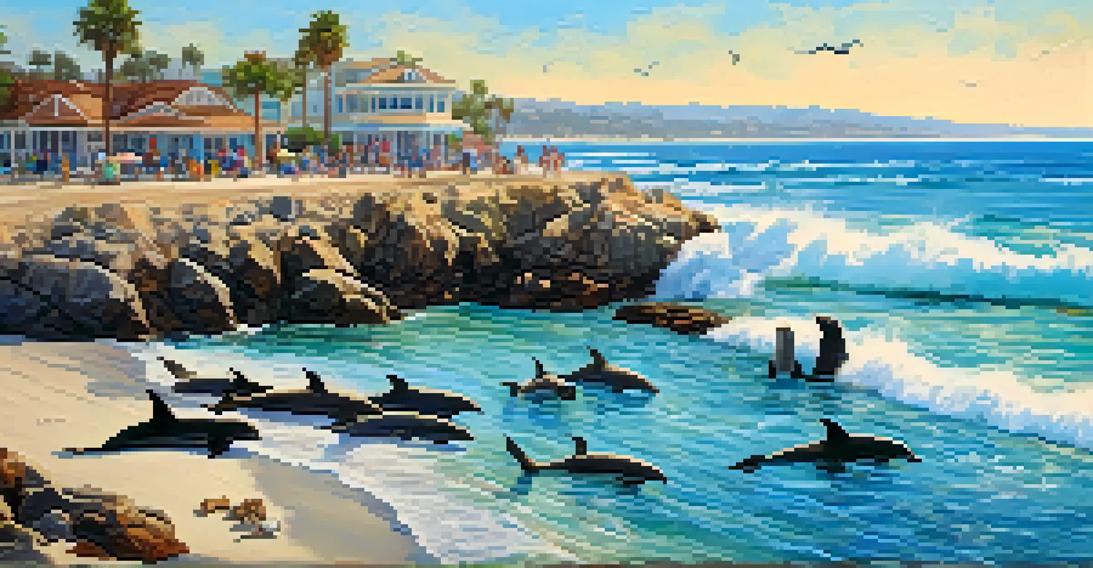 A summer beach scene with sea lions on rocks, dolphins jumping in the ocean, and families enjoying the sun and water activities.