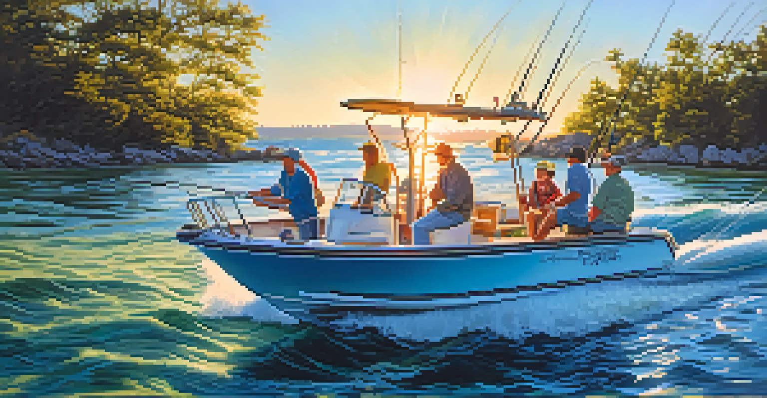 A group of friends fishing on a center console boat, casting lines into the ocean with bright sun and clear blue skies in the background.