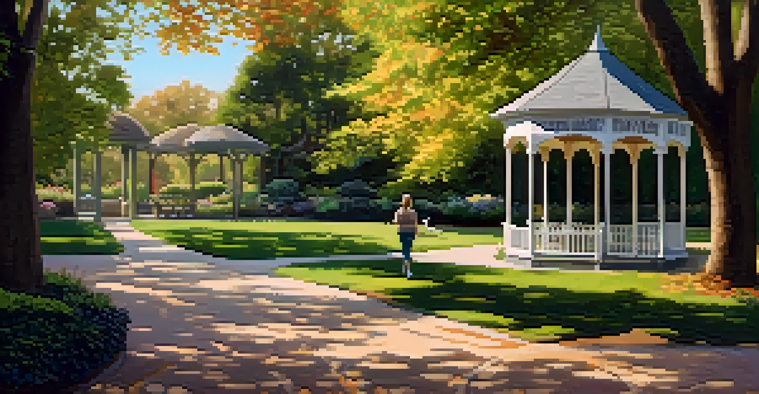 A tranquil park scene with a walking path, blooming gardens, and a gazebo, where a person walks their dog under the soft sunlight.
