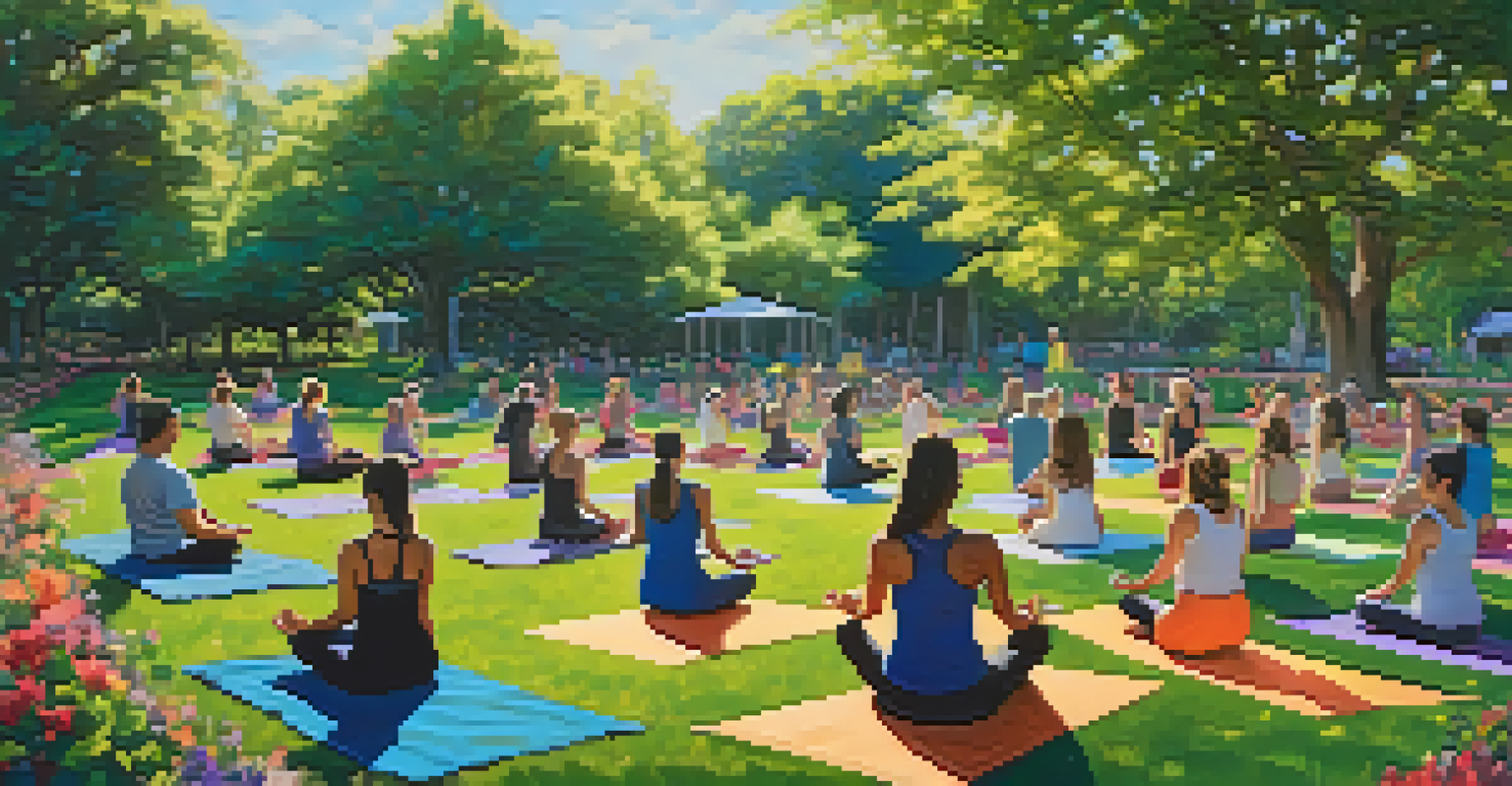 A group of people doing yoga in a garden filled with colorful flowers under a sunny sky.