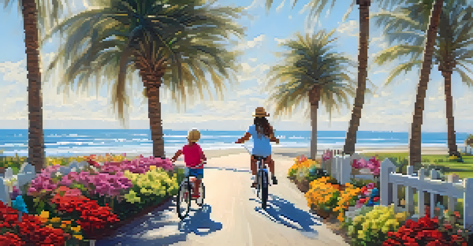 A family enjoying a bike ride along the beach path in Carlsbad, with children on bikes and a trailer.