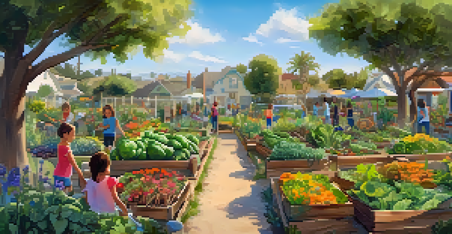 A colorful community garden with children learning about gardening, surrounded by various vegetables and flowers under bright sunshine with butterflies.