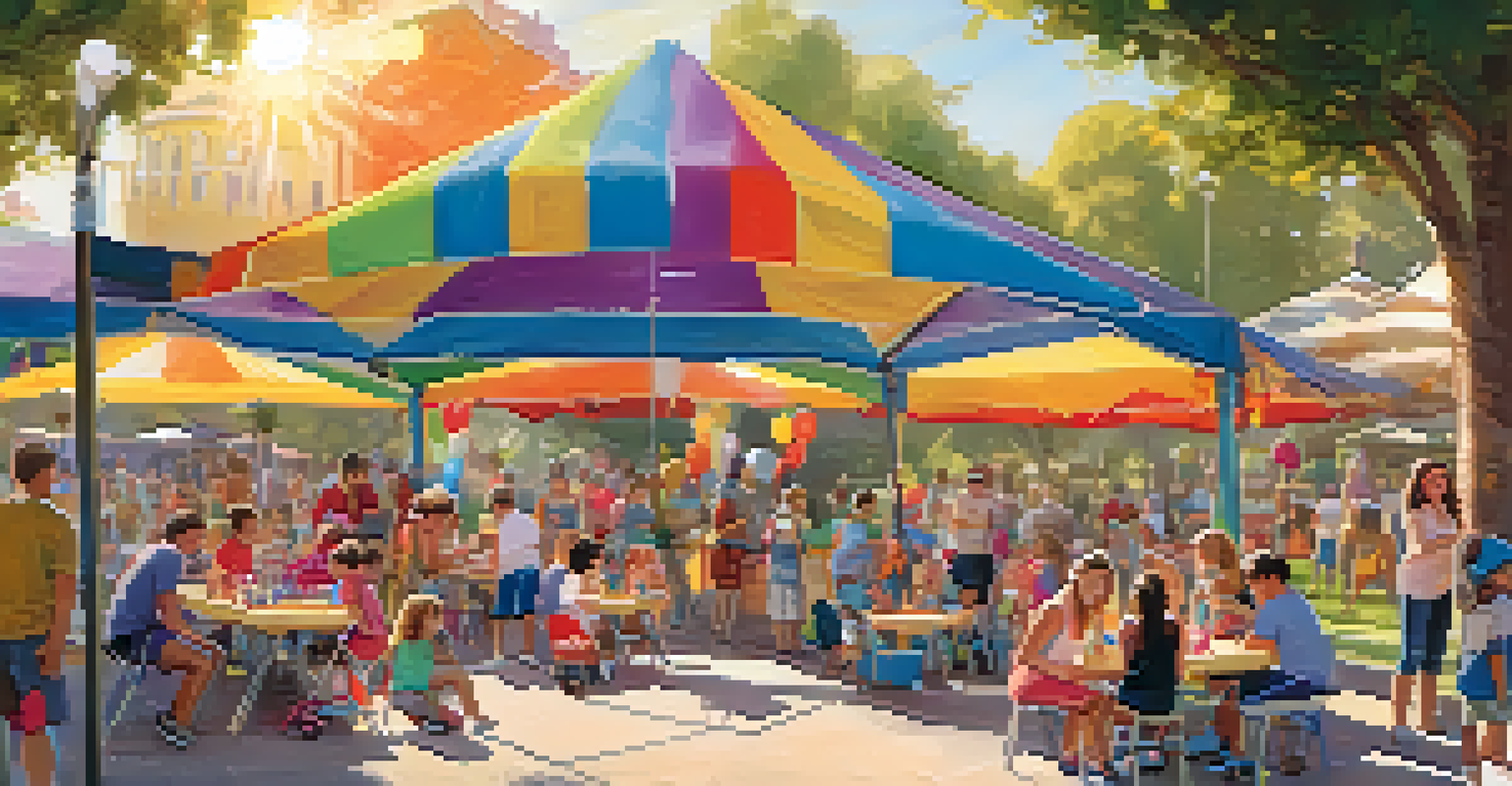 Children enjoying face painting and arts and crafts at an outdoor concert, with colorful decorations and parents chatting nearby in a sunny setting.