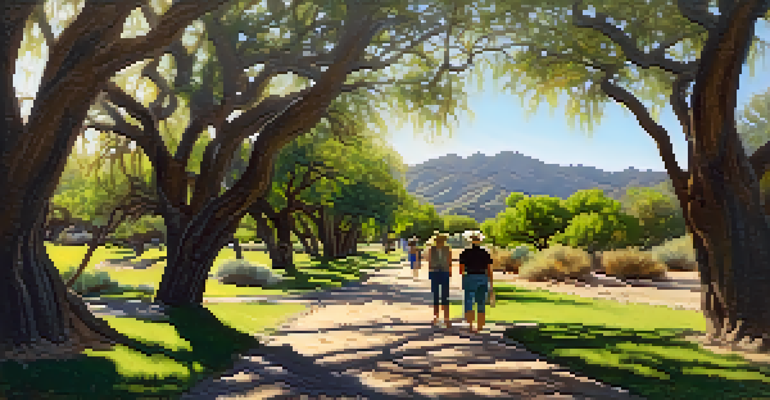 A tranquil scene in Guajome County Park with lush greenery and the historic Guajome Adobe visible in the background.