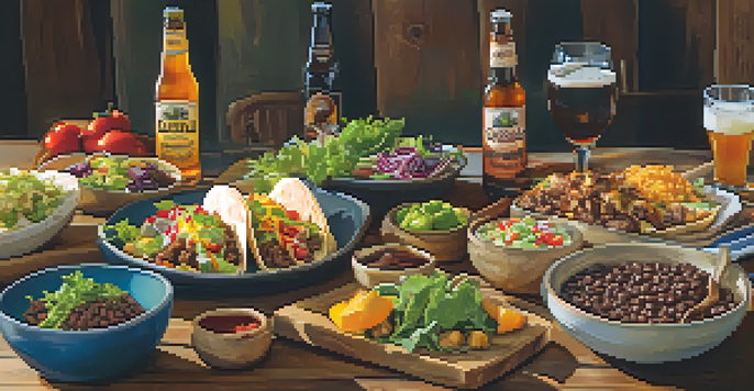 A table set with craft beers and various food pairings, including tacos, desserts, and salads, under warm lighting.