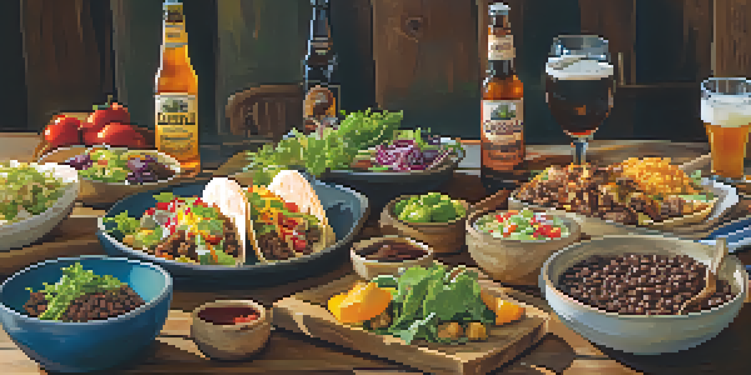 A table set with craft beers and various food pairings, including tacos, desserts, and salads, under warm lighting.