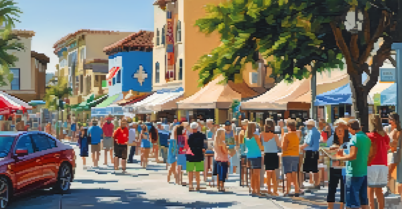 A lively outdoor art walk in Carlsbad, showcasing local artists and colorful artwork with visitors admiring the pieces.