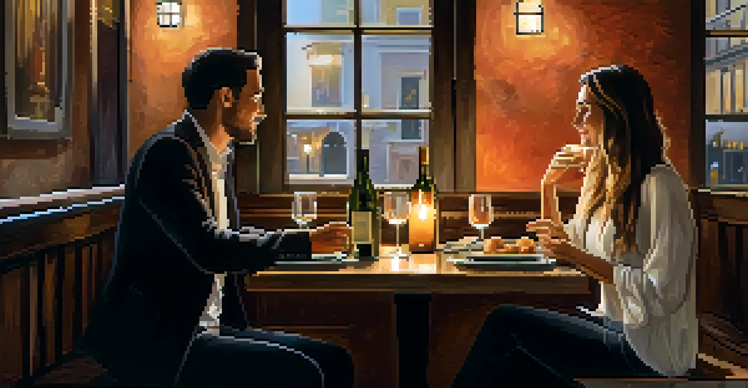 A couple sharing a gourmet meal in a cozy bistro with rustic decor and warm lighting.
