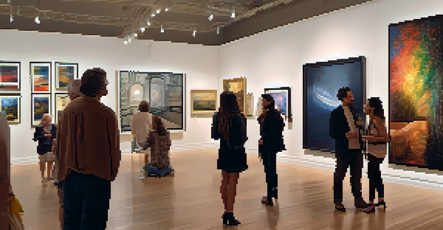 An interior view of an art gallery displaying contemporary paintings during Gallery Nights with visitors enjoying the art.