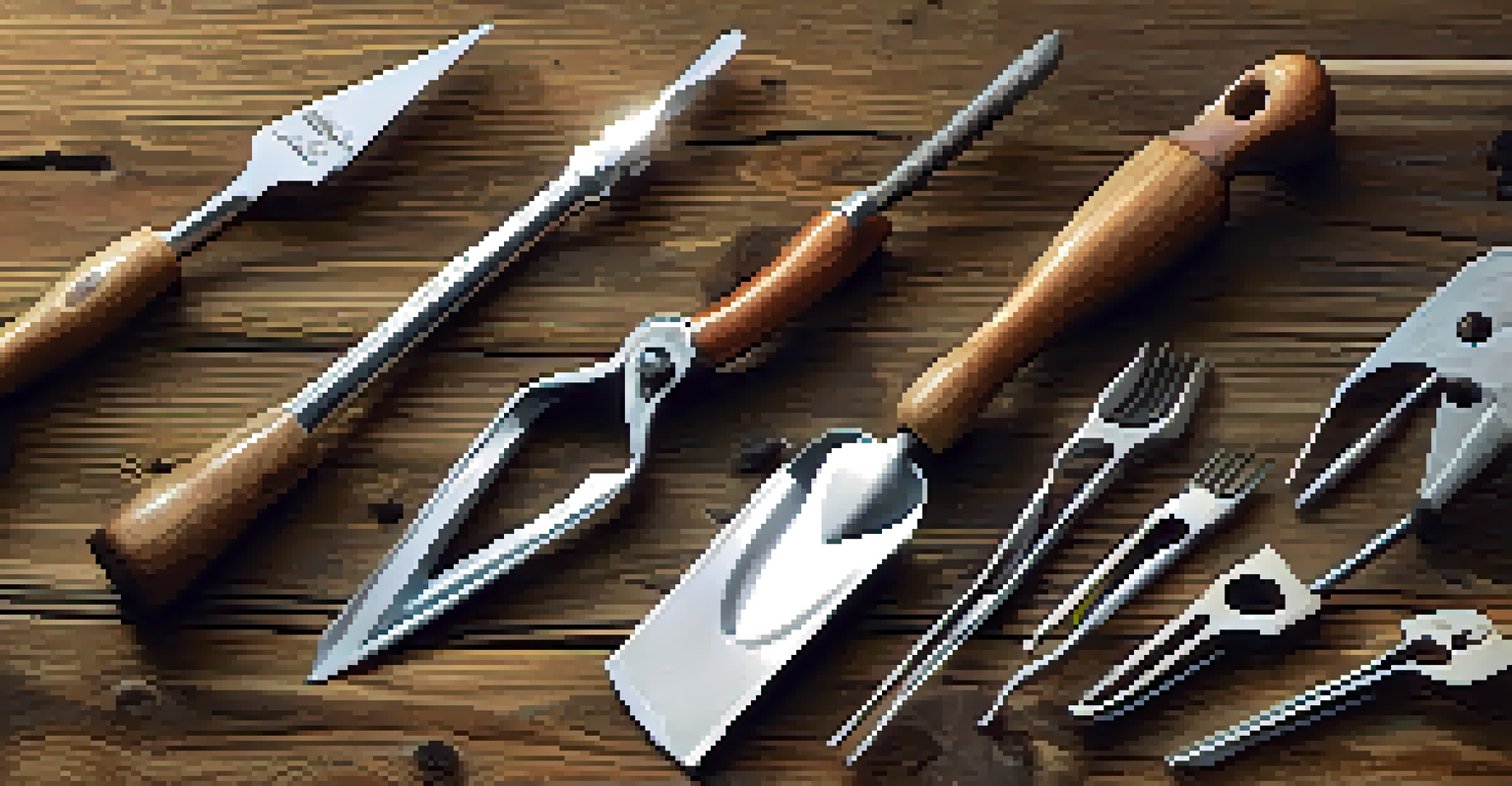 Essential hand gardening tools displayed on a wooden table, highlighted by soft natural light.