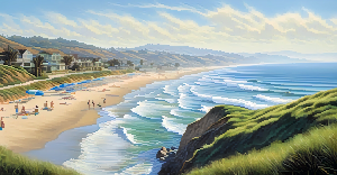 A coastal view of Carlsbad, California, featuring gentle waves, sandy beach, and cliffs under a blue sky with marine fog.