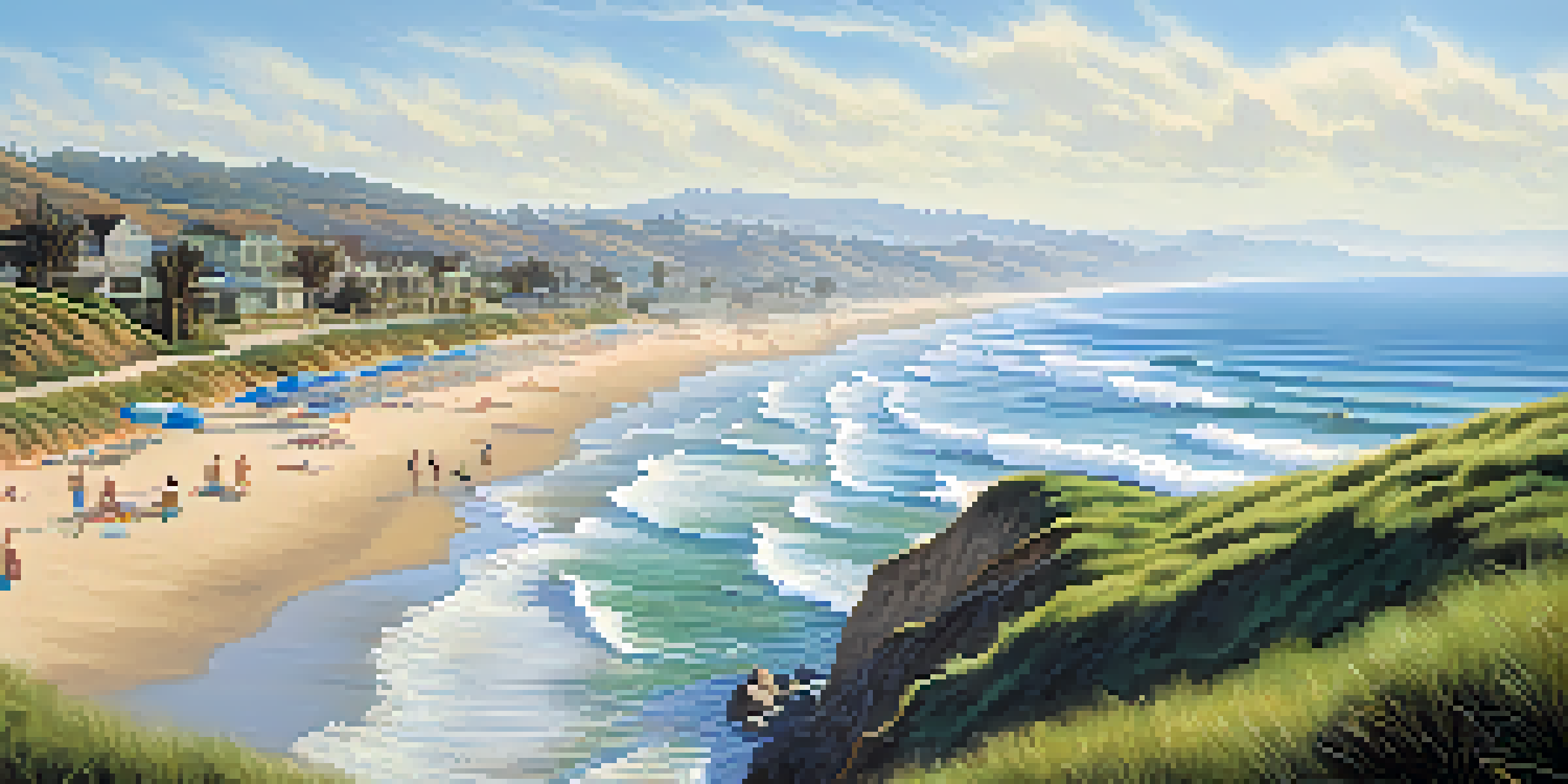 A coastal view of Carlsbad, California, featuring gentle waves, sandy beach, and cliffs under a blue sky with marine fog.