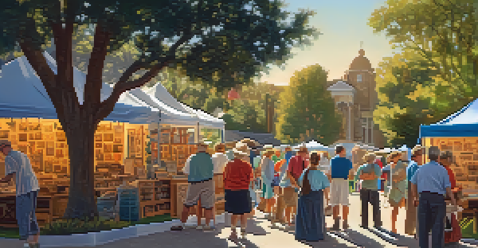 A lively scene at a historical society event in Carlsbad, with volunteers and visitors interacting with colorful displays of local artifacts under the sunlight.