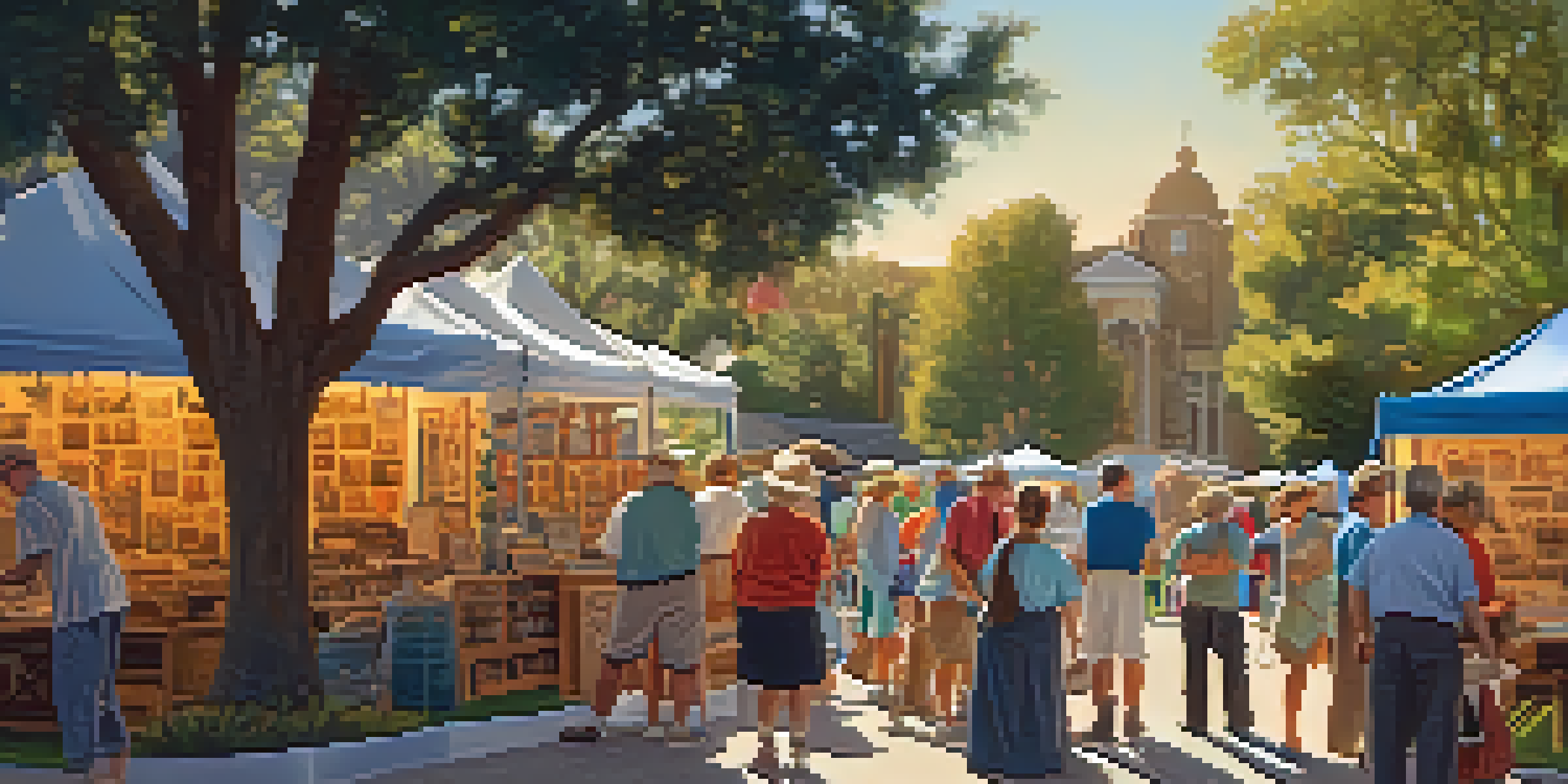 A lively scene at a historical society event in Carlsbad, with volunteers and visitors interacting with colorful displays of local artifacts under the sunlight.