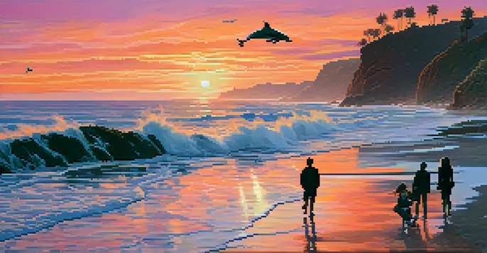 A romantic sunset over the Pacific Ocean with couples walking along the beach and dolphins jumping in the water.
