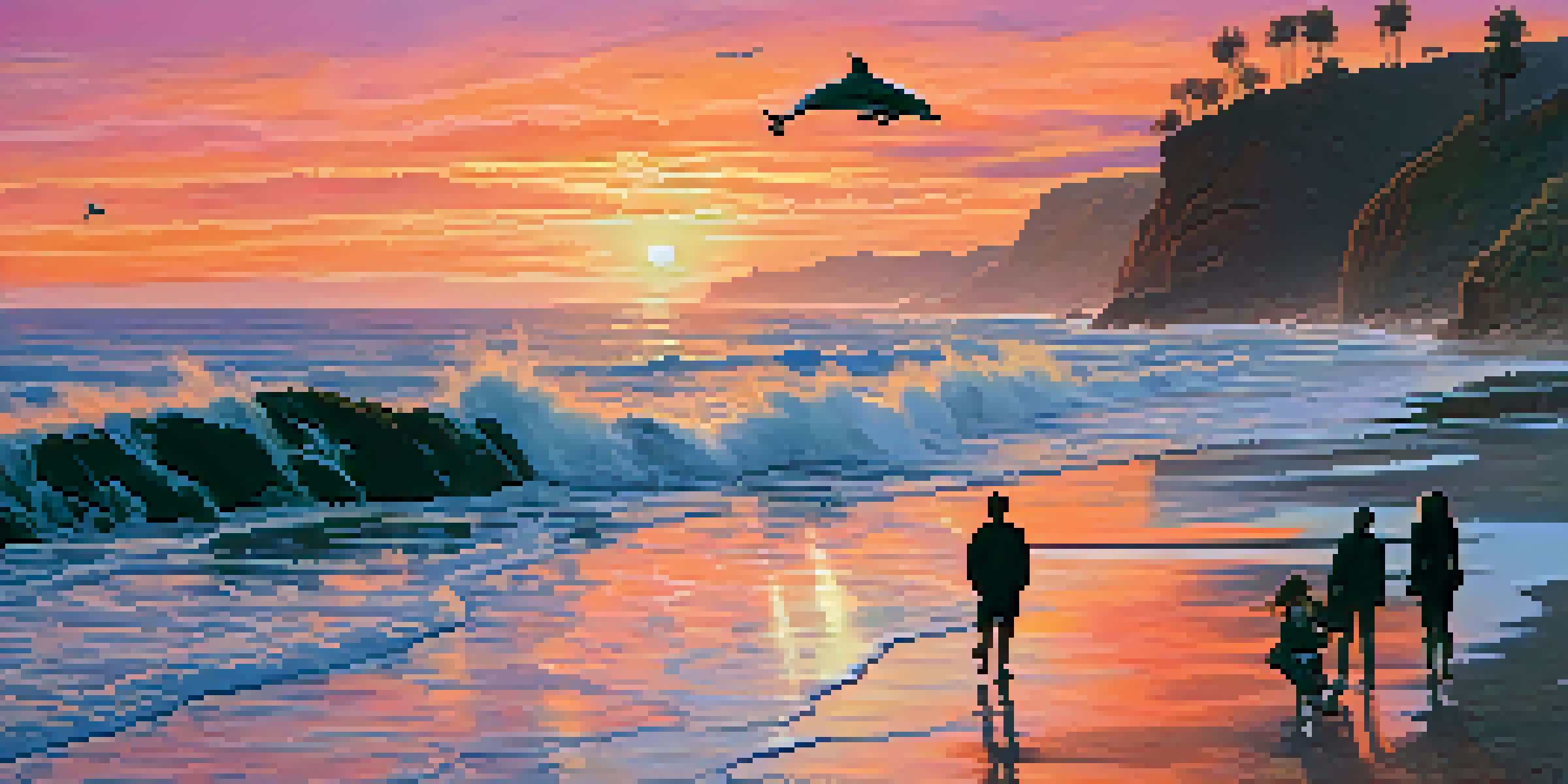 A romantic sunset over the Pacific Ocean with couples walking along the beach and dolphins jumping in the water.