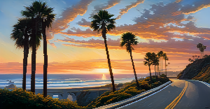 A picturesque sunset scene along the Pacific Coast Highway with vibrant colors and palm trees.