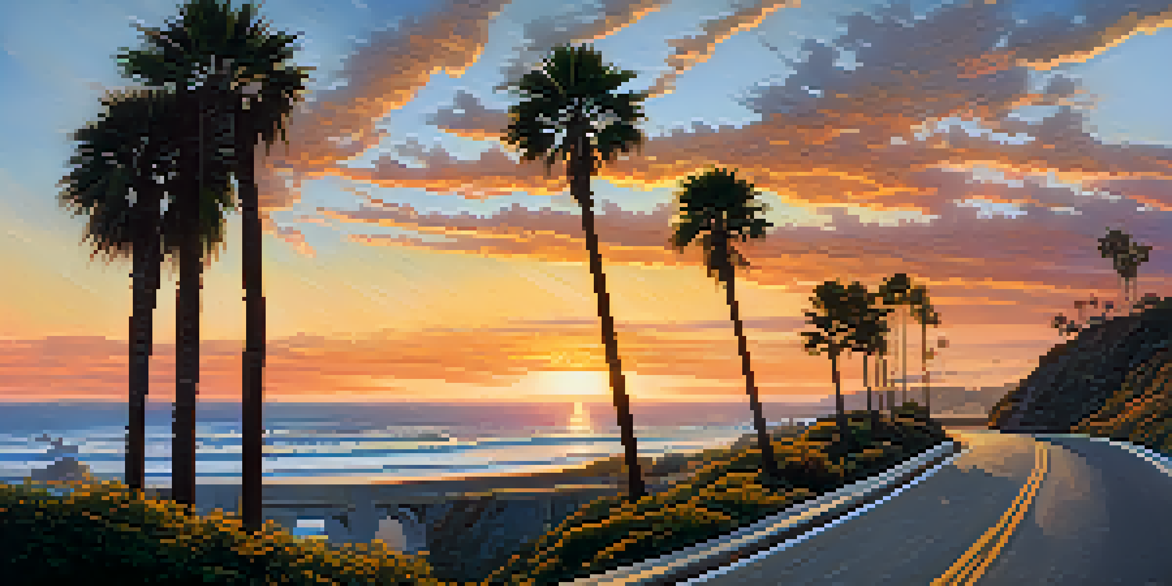 A picturesque sunset scene along the Pacific Coast Highway with vibrant colors and palm trees.