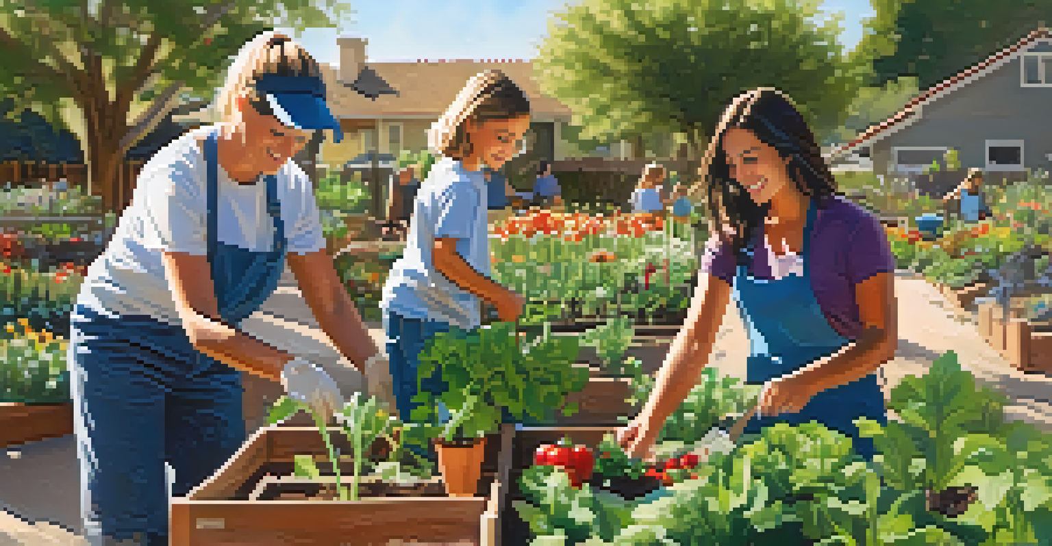 A family working together in a community garden, planting flowers and vegetables under warm sunlight.