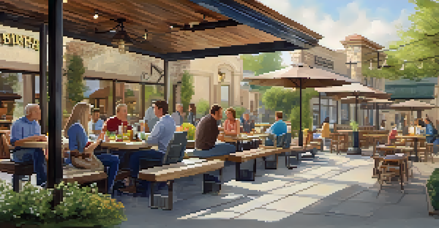 A pet-friendly restaurant patio with diners enjoying meals and dogs resting beside them in a sunny outdoor setting.