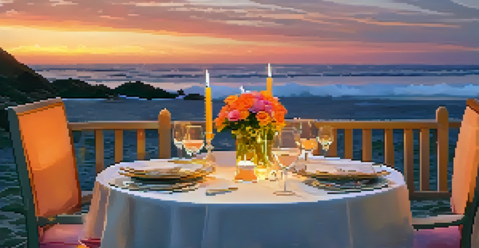 A beautifully set dinner table for two on a beachside patio during sunset, complete with candles and flowers.