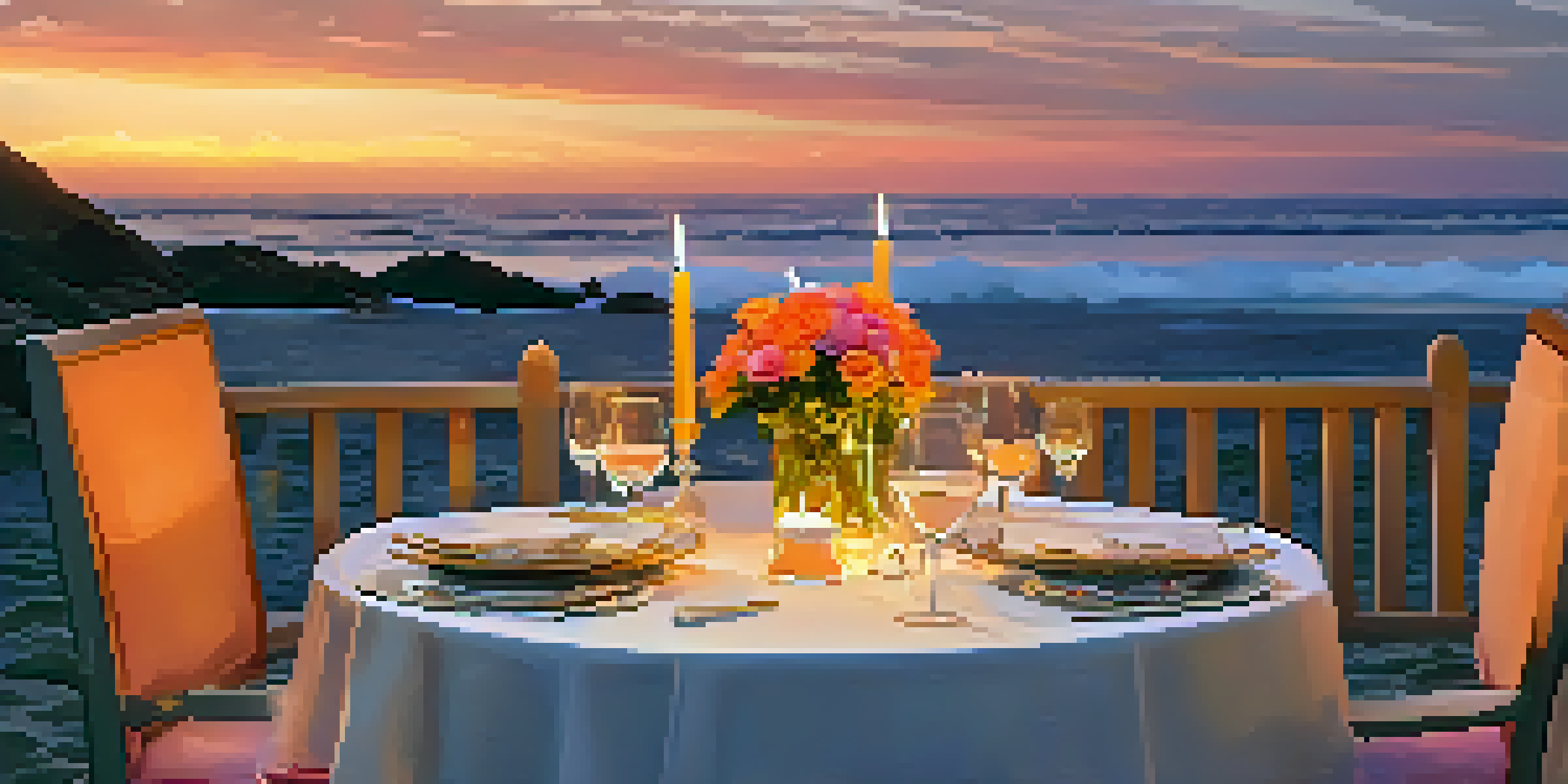 A beautifully set dinner table for two on a beachside patio during sunset, complete with candles and flowers.