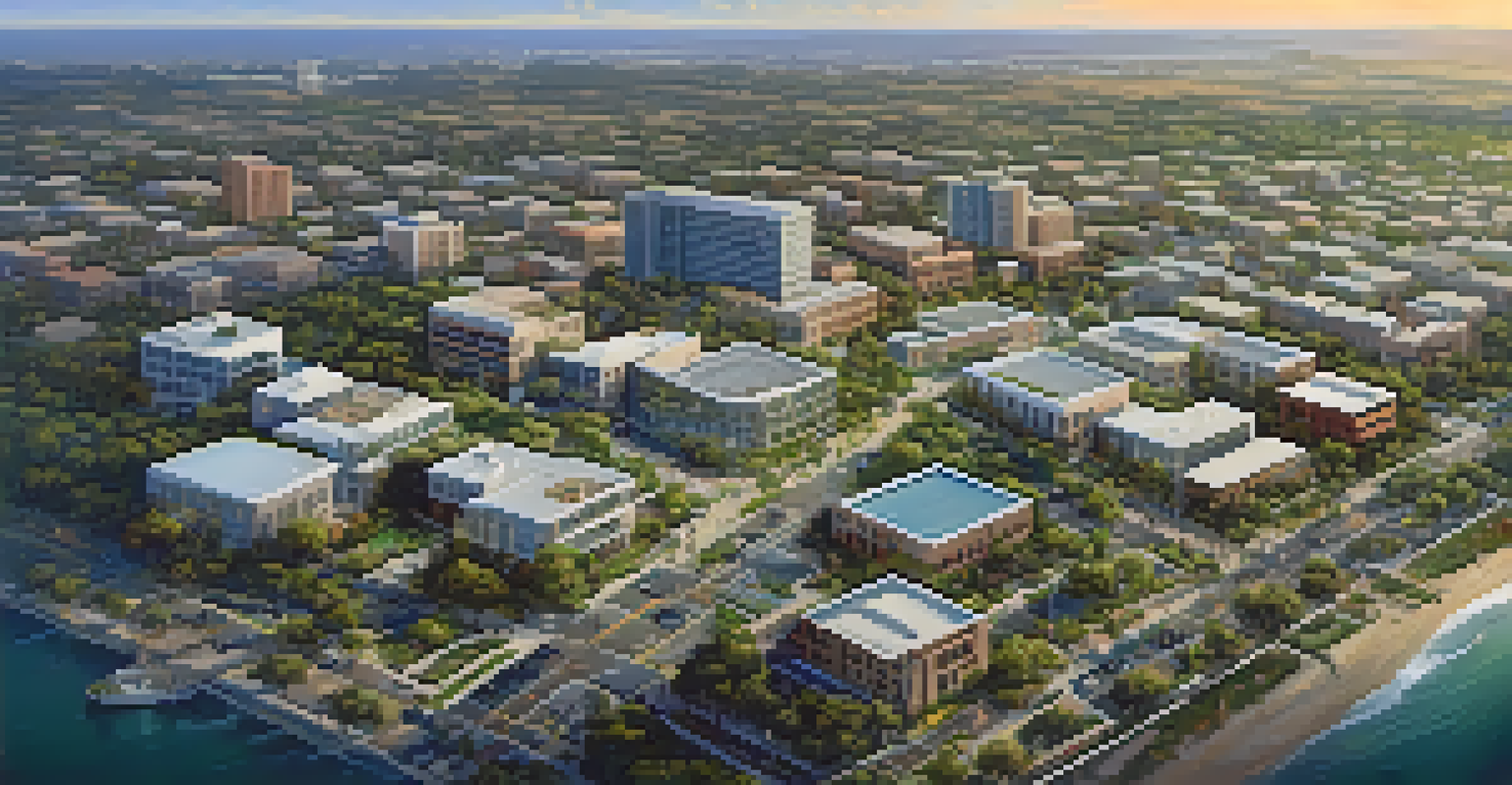 An aerial view of Carlsbad showing highways, greenery, and modern buildings in a tech area.
