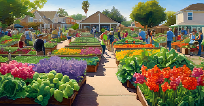 A diverse group of residents working together in a community garden, surrounded by colorful flowers and vegetables under bright sunlight.