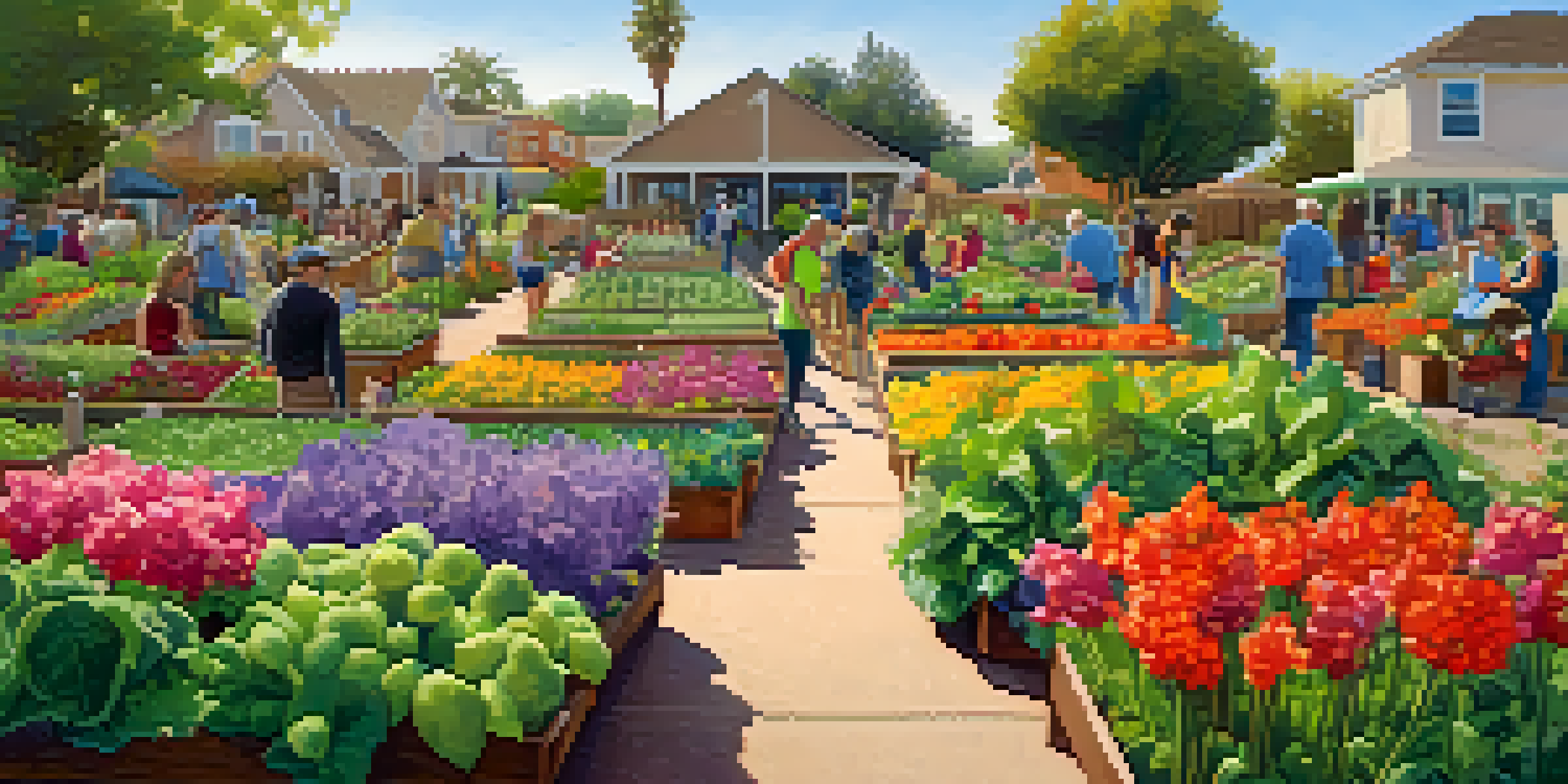 A diverse group of residents working together in a community garden, surrounded by colorful flowers and vegetables under bright sunlight.