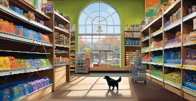 A colorful pet-friendly store with a happy dog exploring the aisles, and a friendly employee greeting it.