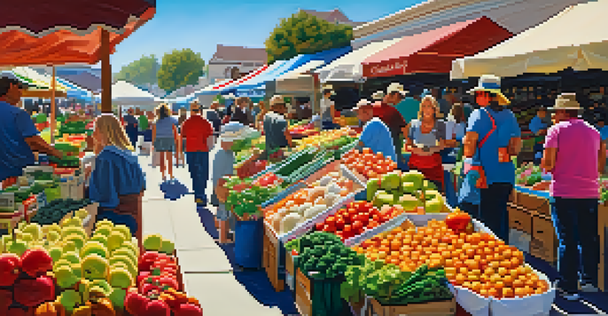A lively farmers market in Carlsbad, with colorful stalls, fresh produce, and families enjoying the atmosphere.