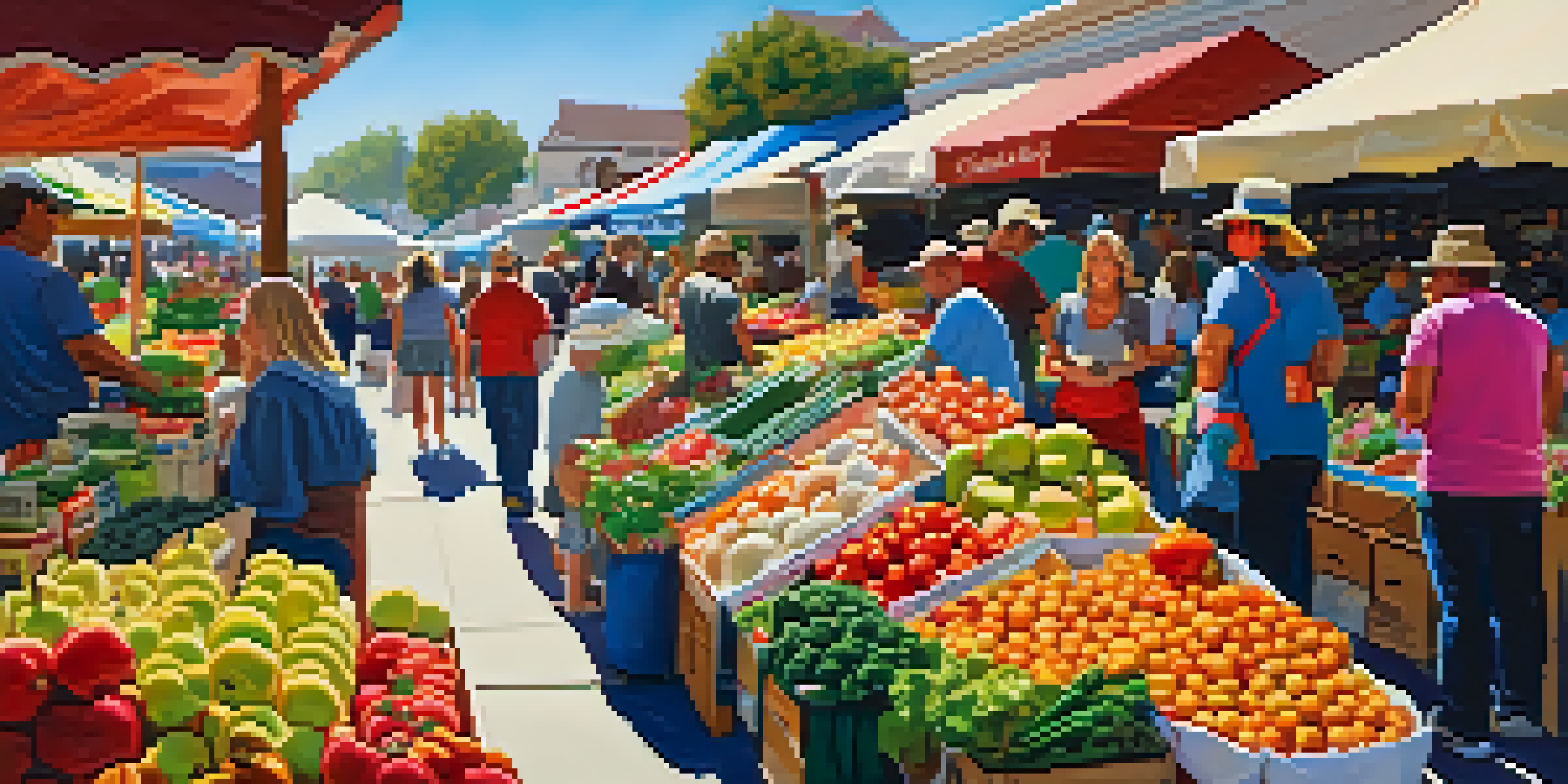 A lively farmers market in Carlsbad, with colorful stalls, fresh produce, and families enjoying the atmosphere.