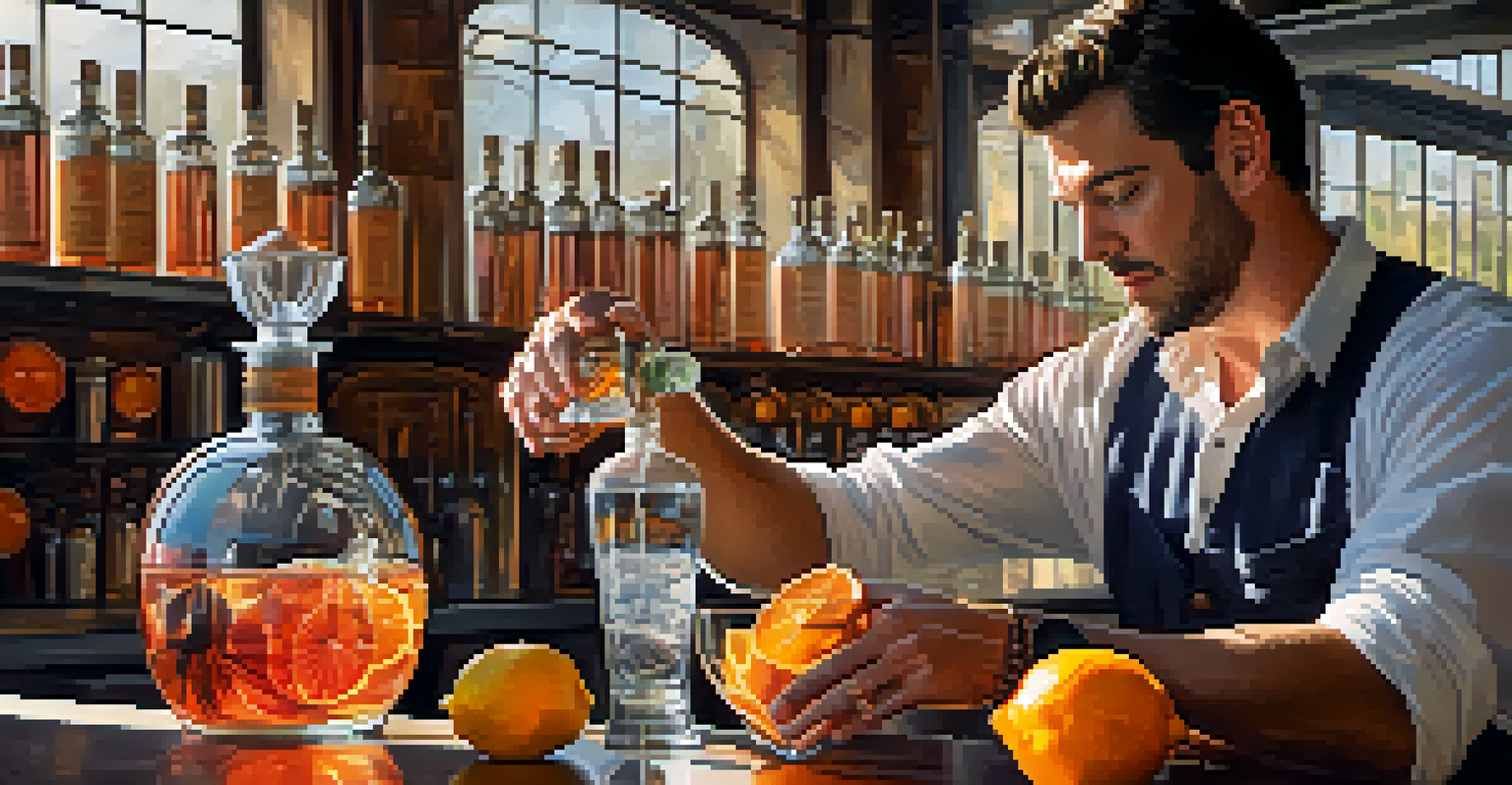 A close-up of a distiller pouring unique gin into a glass, with citrus fruits and distillation equipment in the background.