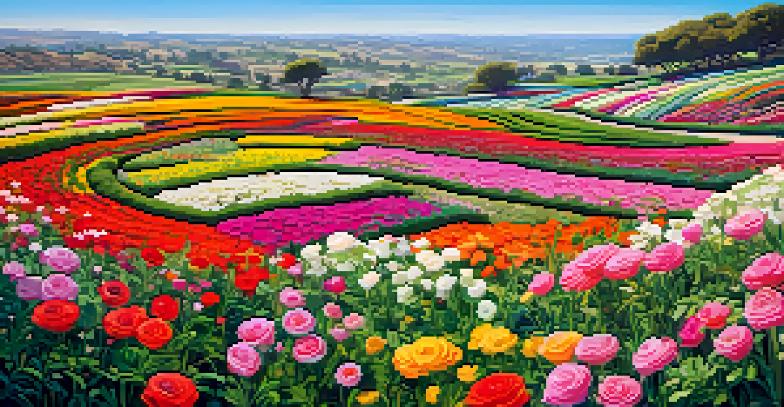 Aerial view of the Carlsbad Flower Fields in full bloom, featuring vibrant stripes of ranunculus flowers and lush green hills.
