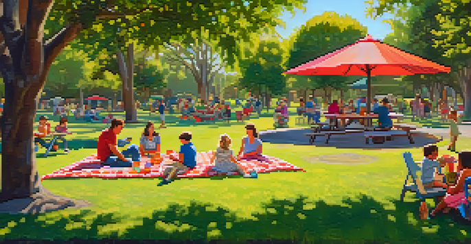 A family enjoying a picnic in a park, with children playing on a playground and colorful flowers around.