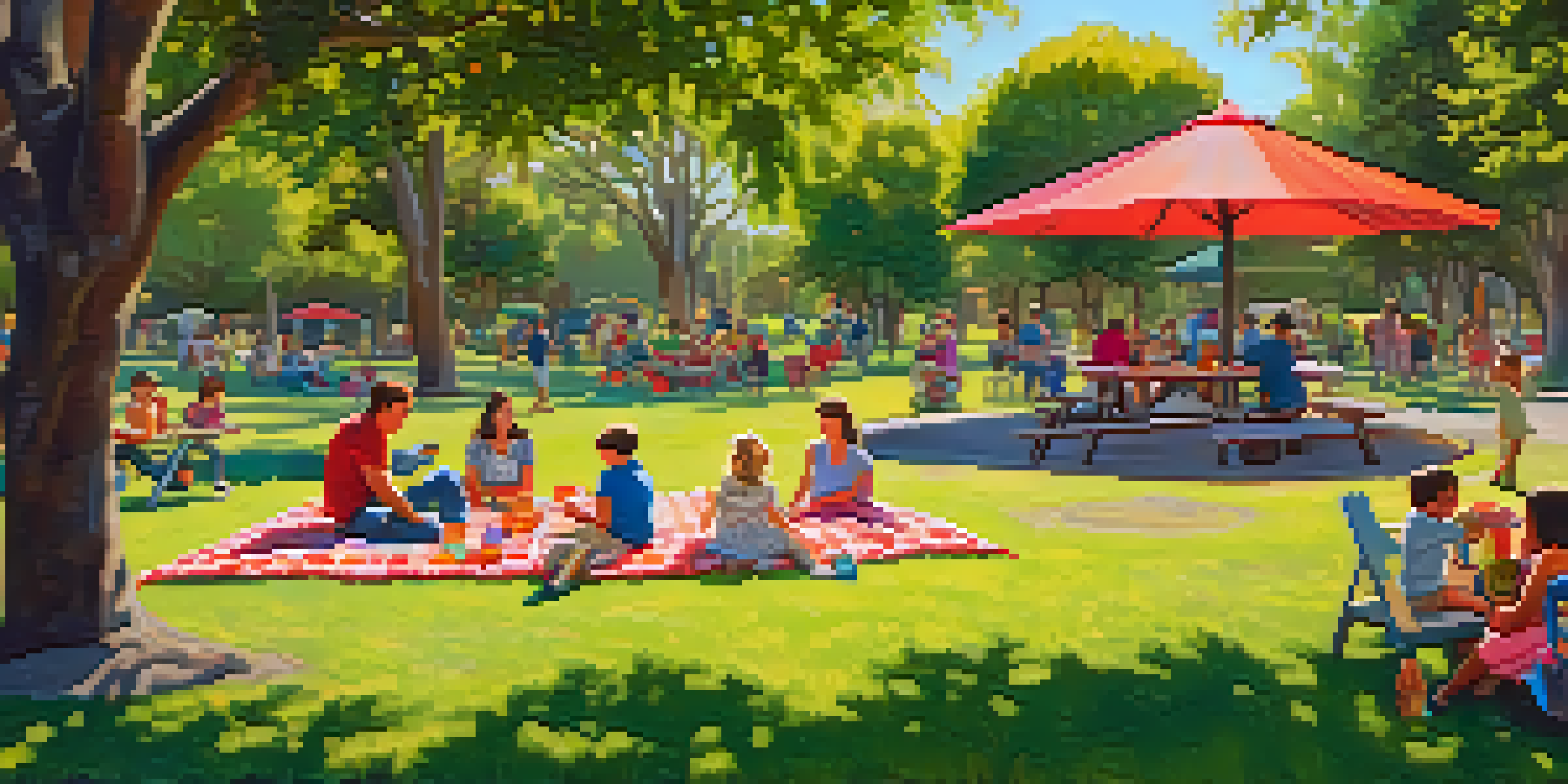 A family enjoying a picnic in a park, with children playing on a playground and colorful flowers around.