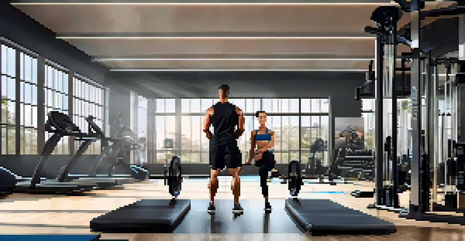 A personal trainer assisting a client with strength training in a bright and modern gym environment.