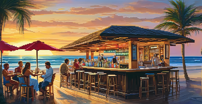 A lively beachfront bar with cocktails and palm trees during sunset.