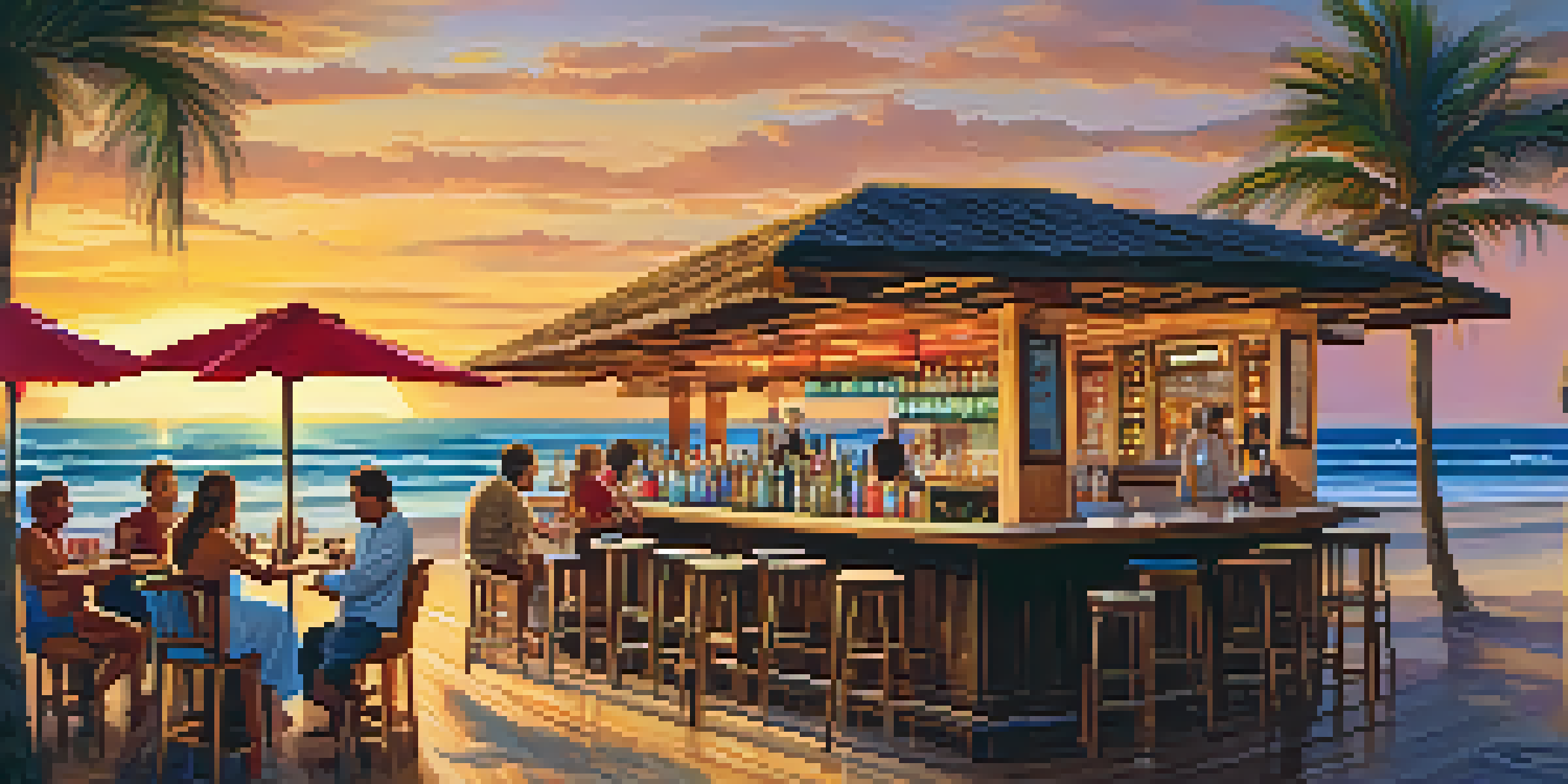 A lively beachfront bar with cocktails and palm trees during sunset.