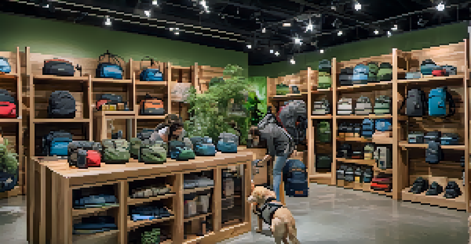 An outdoor gear display at REI, showcasing pet accessories with a person fitting a dog with a backpack in a natural setting.