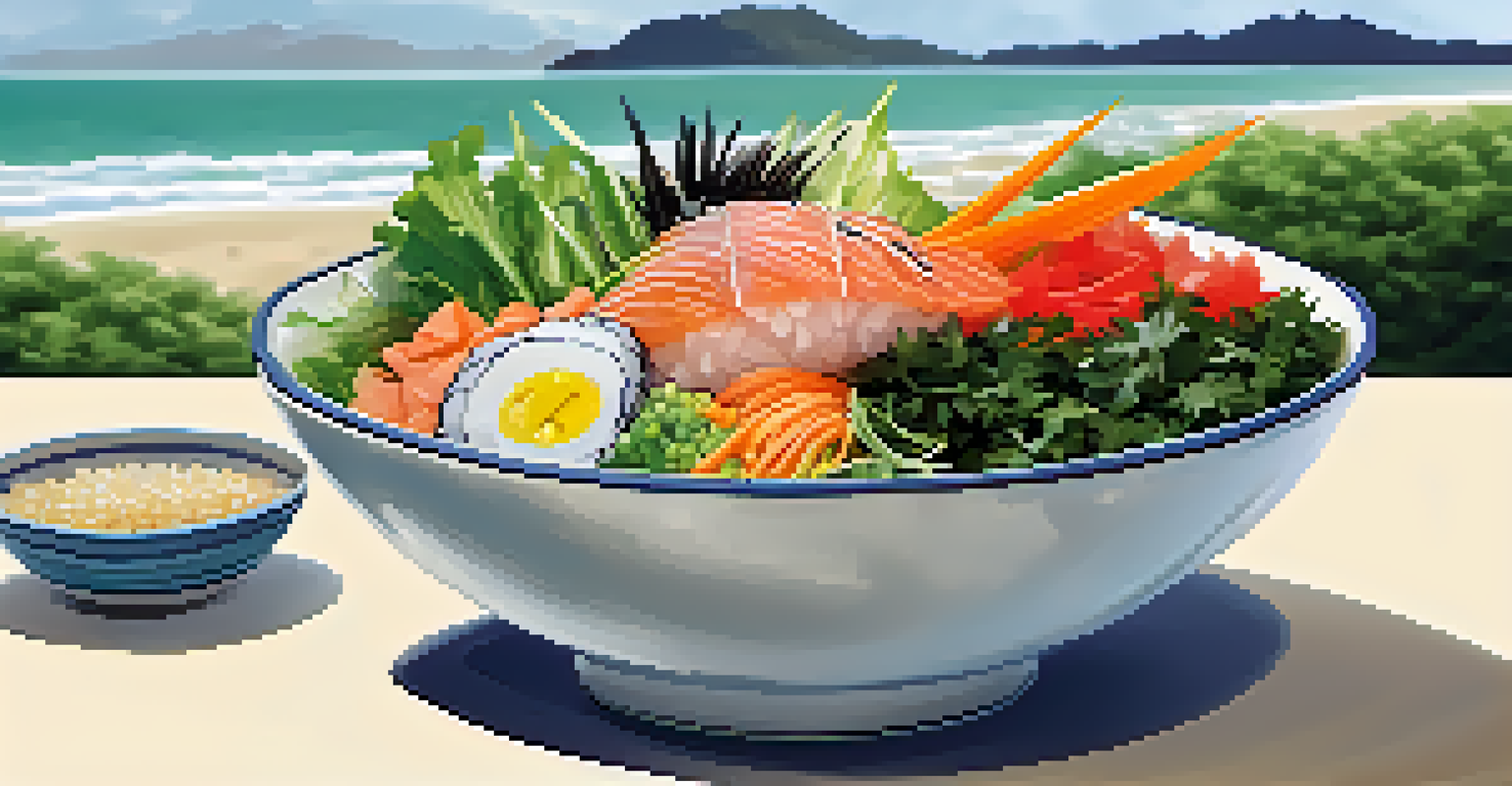 A colorful poke bowl with raw fish and vegetables, set against a backdrop of the ocean.