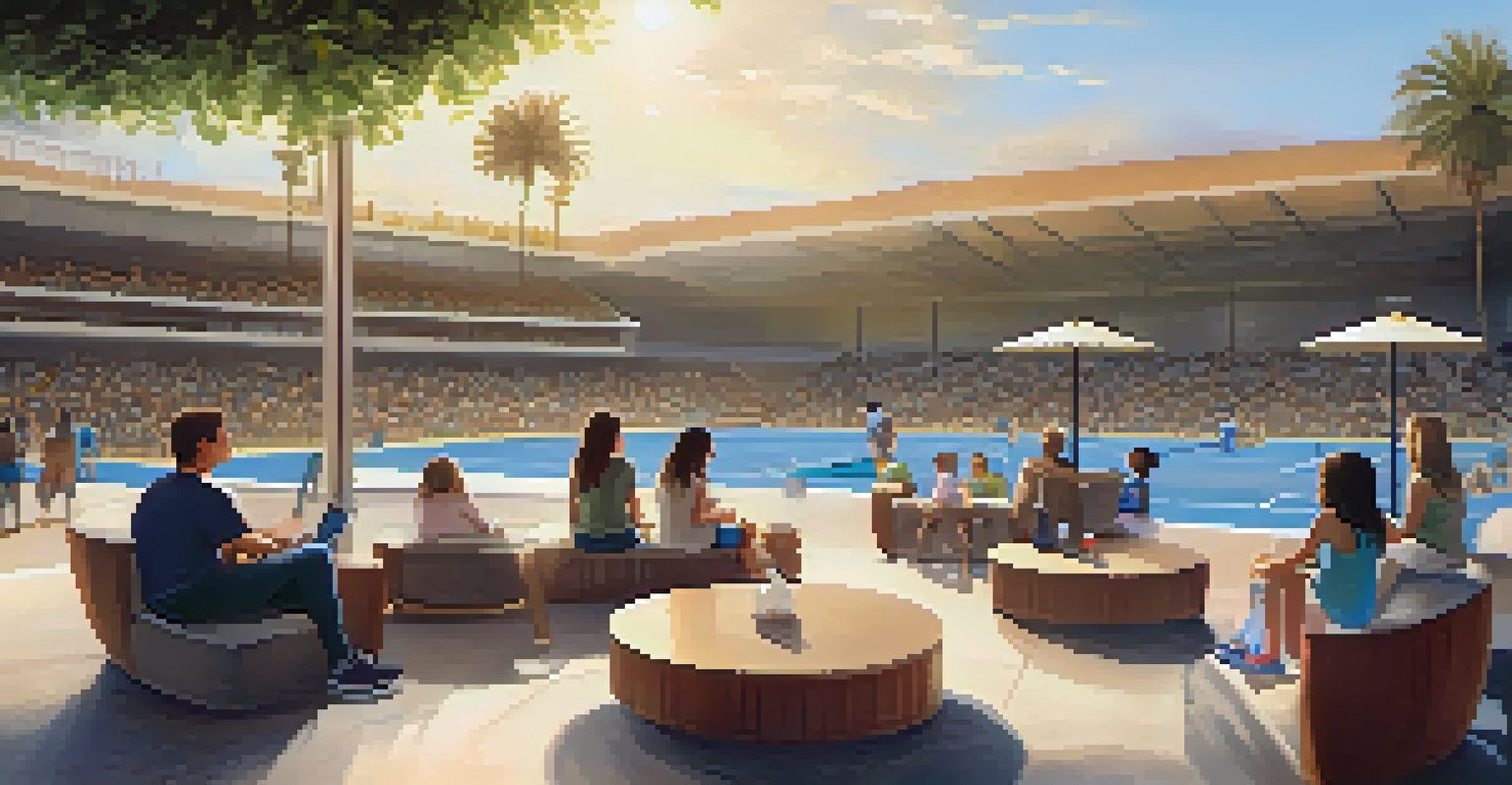A calm sensory-friendly area with soft lighting and comfortable seats, where families enjoy a peaceful moment in a sports venue.