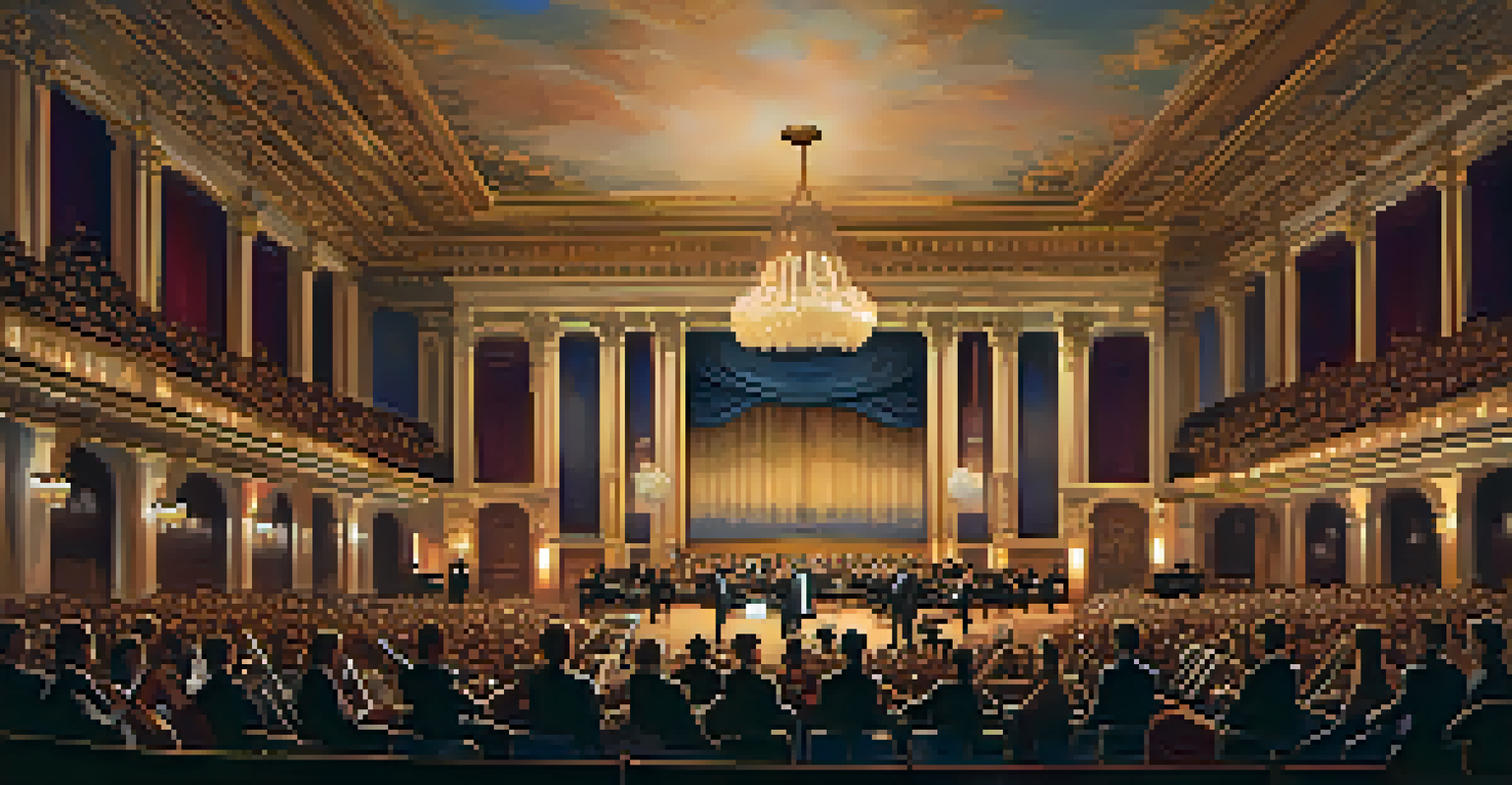 An elegant 19th-century concert hall with an audience enjoying a symphony performance.